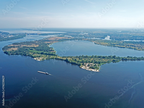 Aerial drone view. The spills of the Dnieper near Kiev.
