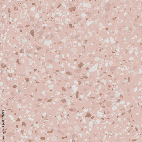 Pink terrazzo flooring seamless pattern. Vector texture of mosaic floor with natural stones, granite, marble, quartz. Classic Italian floor surface. Trendy repeat design for ceramic, home decor, print