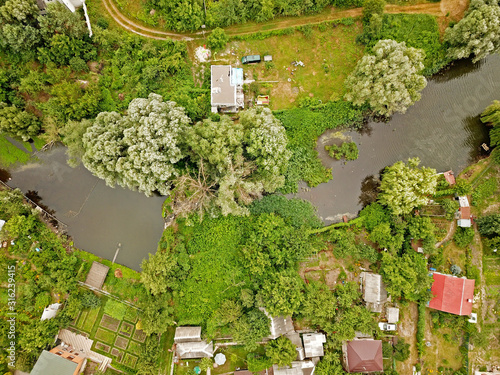 Lakes among the settlement. Aerial view.