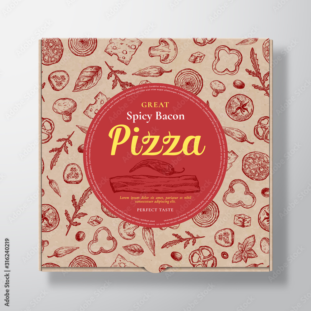 Spicy Bacon Pizza Realistic Cardboard Box. Abstract Vector Packaging Design or Label. Modern Typography, Sketch Seamless Pattern of Cheese, Tomato, Sausages. Craft Paper Background Layout.