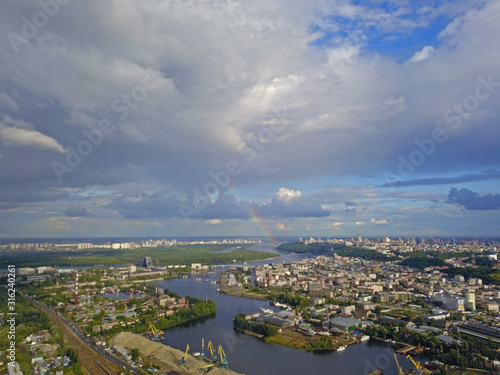 Aeiral drone view. Rainbow above Kyiv