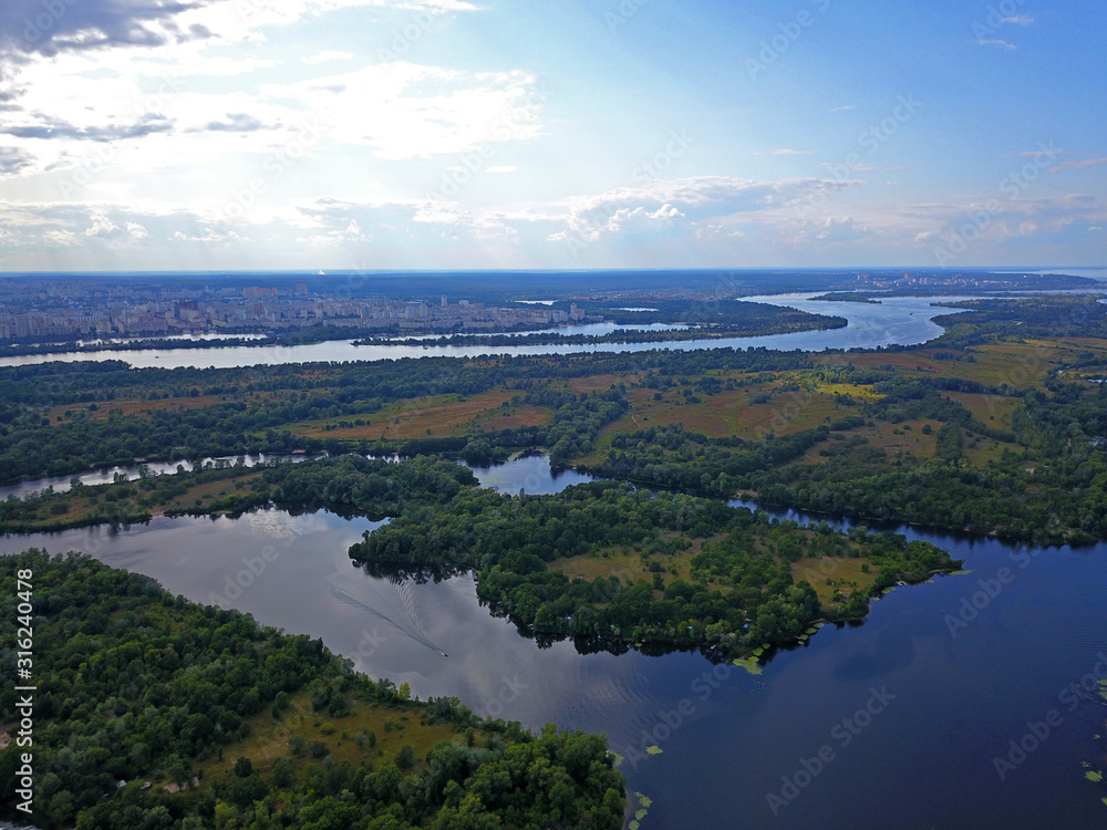 Aerial drone view. Tributaries of the Dnieper near Kiev.