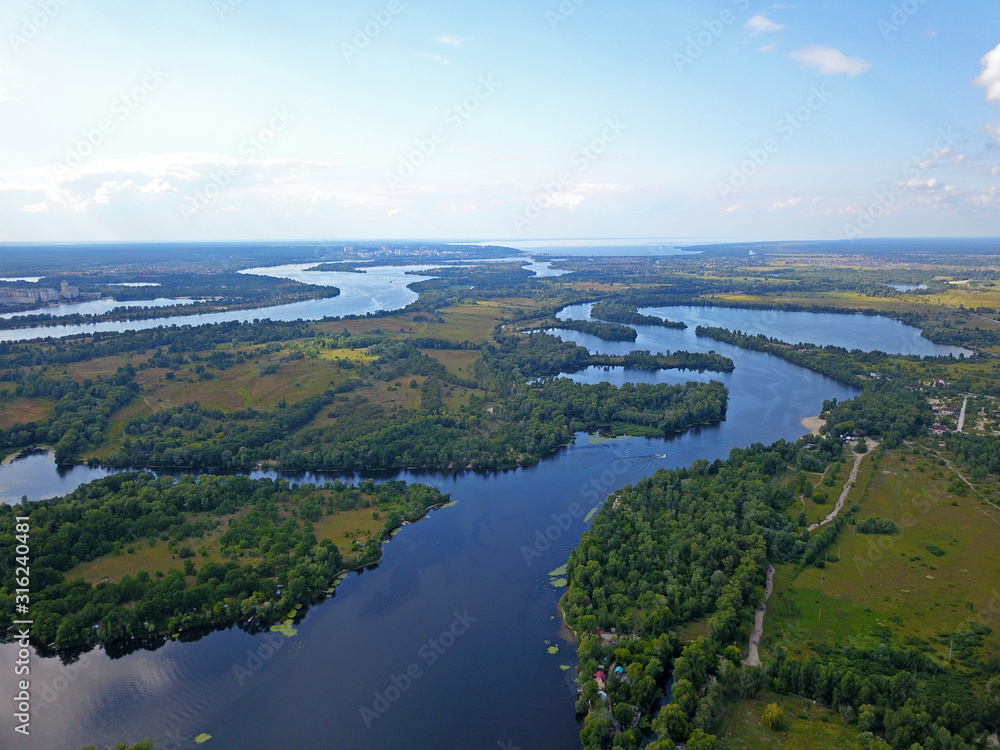 Aerial drone view. Tributaries of the Dnieper near Kiev.