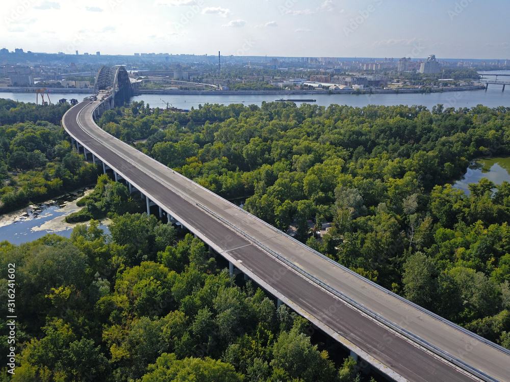 Aeiral drone view. The bridge under construction over the Dnieper in Kiev.