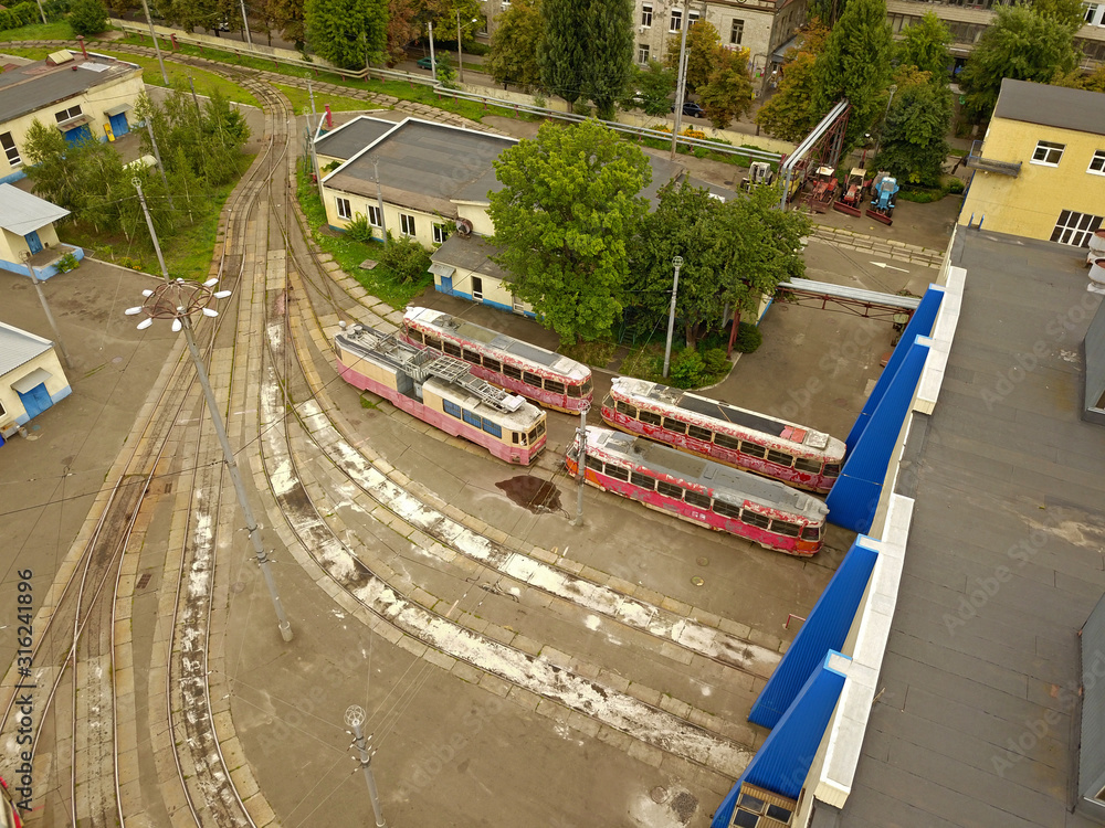 Aeiral drone view. Trams on the territory of the tram depot in Podil in Kiev.
