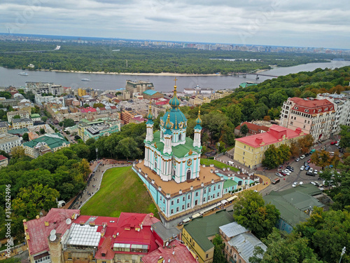 Aeiral drone view. St. Andrew's Church in Kiev.