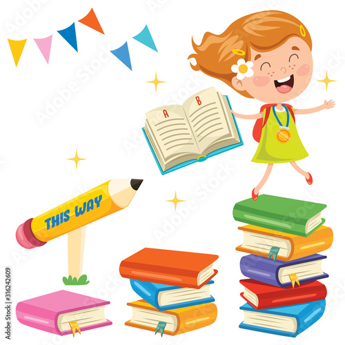 Cute Schoolchild And Colorful Books