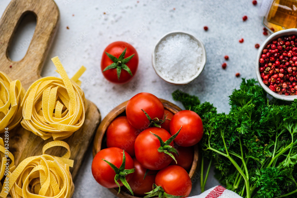 Pasta and ingredients concept Pasta and ingredients concept