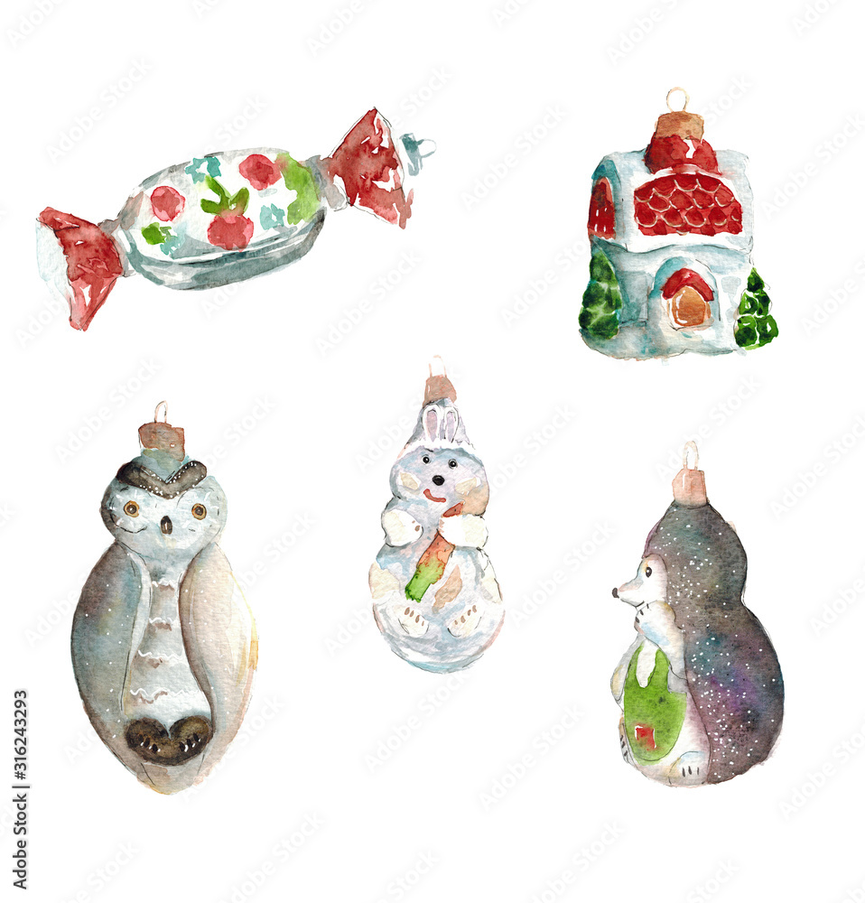 Watercolor hand drawn sketch illustration set of glass toys for the Christmas tree - candy, house, owl, hedgehog, bunny isolated on white