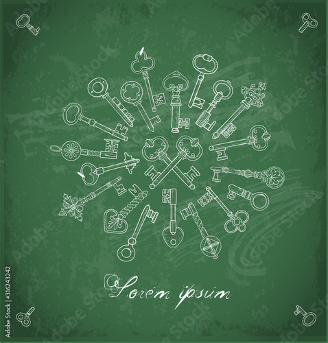 Composition with vintage doodle keys on blackboard background. Doodle sketch illustration.