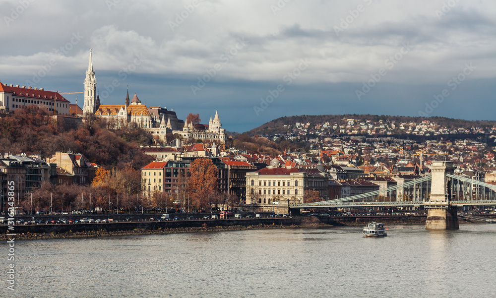 Morning in Budapest. View of the Buda Castle and Szechenyi Bridge.