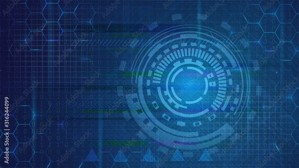 Blue technology background with digital circle and glitch effect