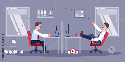 Vector illustration of destructive personality, puts a discord in the work of the office and employees
