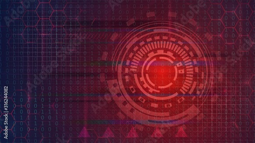 Red technology background with digital circle and glitch effect