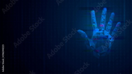 Blue luminous low poly hologram with a hand with glitch effect on a dark background