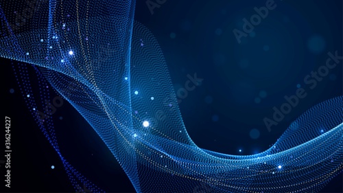 Black background with blue waves, blue blurred dust, sparks, abstract background