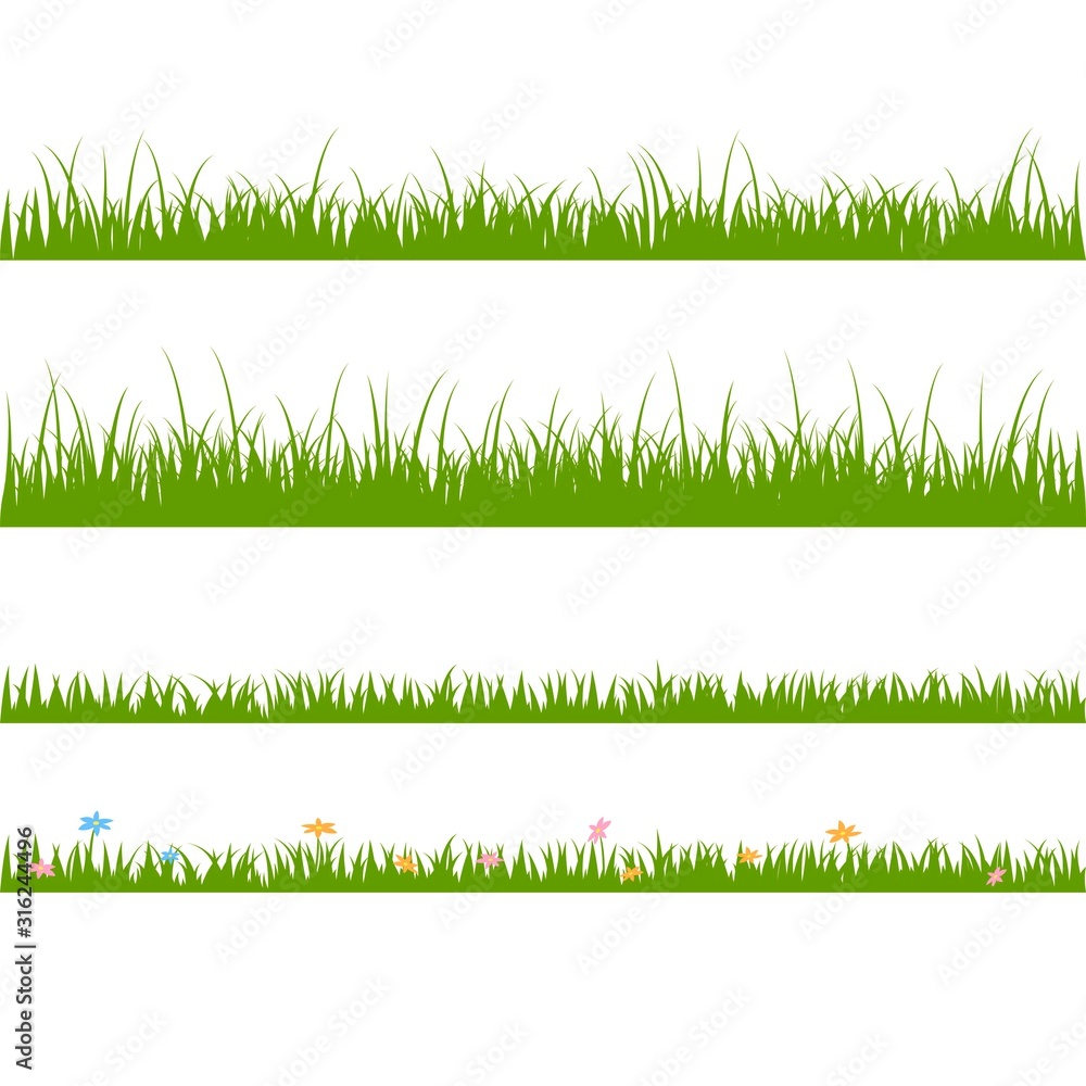 Fototapeta Set of seamless horizontal pattern with grass and flowers