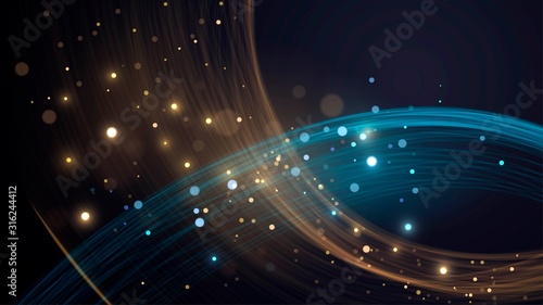 Black background with golden and blue wave and glowing blurred dust, abstract background with bokeh sparks effect