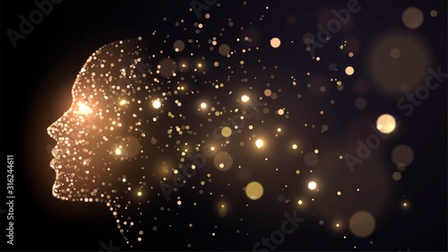 Fotografia Human face on a dark background of gold glowing particles