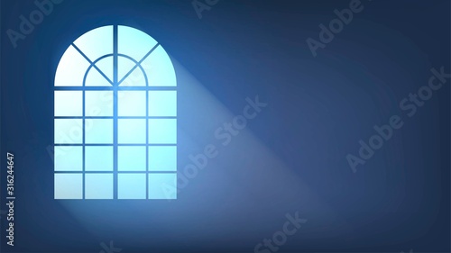 Window in a dark room with rays of light, home interior with one window