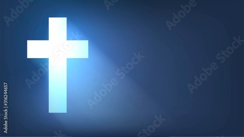 Glowing cross in the dark. Window in the shape of a cross in a dark room. Christianity, faith, religion