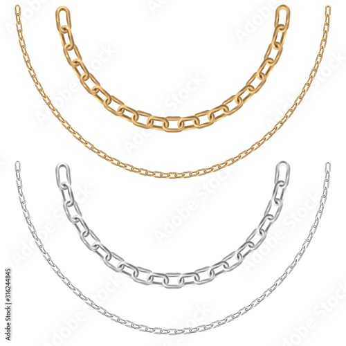 Obraz na płótnie Gold and silver chain necklaces on a white background