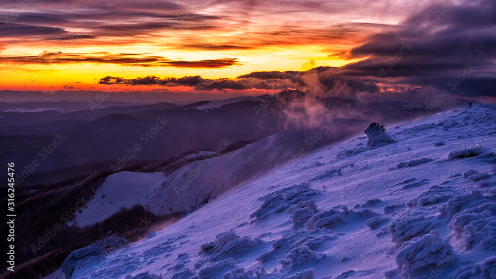 Splendid sunrise in the mountains. Carpathian Mountains. Bieszczady National Park. Poland.