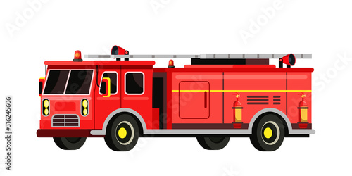 Firefighter red truck flat vector illustration
