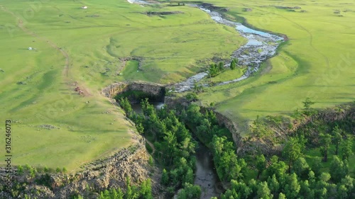 Aerial view of steppe and mountains landscape in Orkhon valley, Mongolia, 4k photo