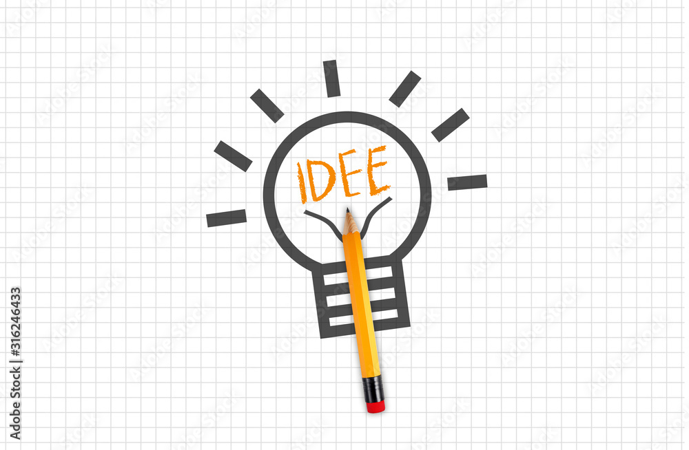 Quad or squared paper with pencil light bulb or lightbulb with idea idee Quad or squared paper with pencil light bulb or lightbulb with idea idee