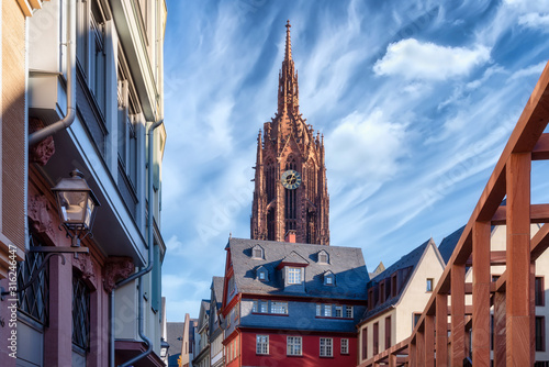 The new old town of Frankfurt am Main with view to the Cathedral, Germany