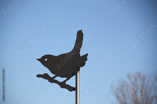 Metallic black bird silhouette in the blue sky photo