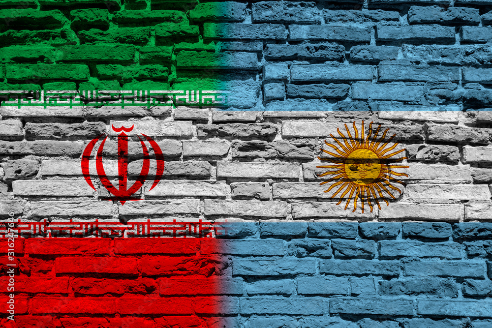 Flag of Iran and Argentina on brick wall