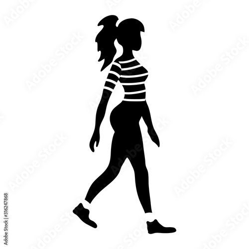 Walking woman silhouette. Slender young lady in striped blouse. Black figure with white details. Flat vector illustration.