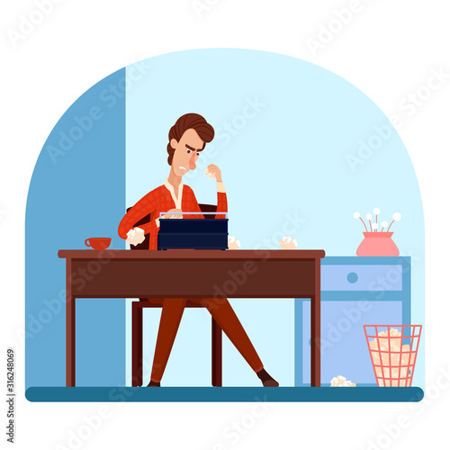Unhappy upset writer character cannot finish story