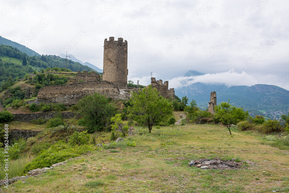 Ruins of old castle on a hill above Aosta.