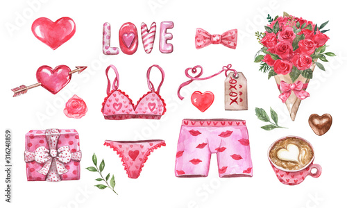 Valentines day watercolor collection. Hand painted elements, symbols of love, isolated on white background. Men's and women's underwear, pink hearts, gift box, red roses bouquet, cappuccino cup.