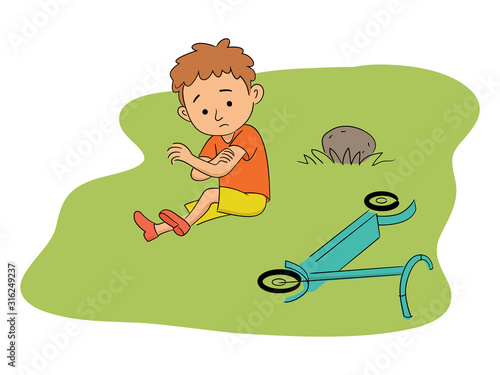 Little boy with elbow ache after scooter accident