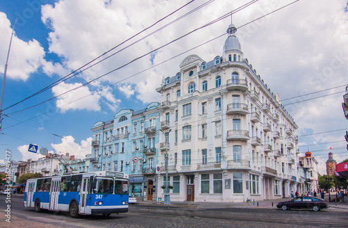 trolleybus in front old building on the street in Vinnytsya, Ukraine