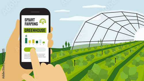 Illustration of smart farming, remote control farm, smartphone in hands. Innovation technology or greenhouse in agriculture. Analysis data, graph on device. Template for banner, poster, flyer, layout 