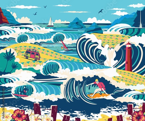 Tiny adults adults go surfing, windsurfing and kitesurfing. Summer beach activities, marine activities, concept of marine animation services. Bright bright blue and yellow vector isolated illustration