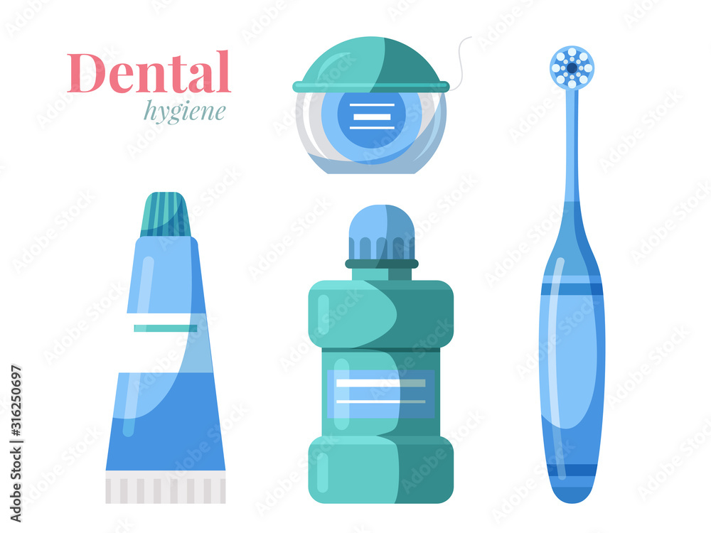 Dental hygiene products set isolated on white Dental hygiene products set isolated on white