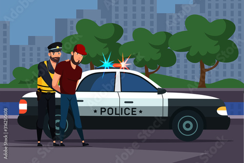 Police officer arresting male criminal lawbreaker