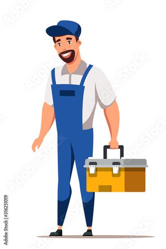 Man repair character in uniform standing on white