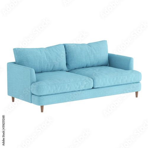 Soft blue fabric sofa on wooden legs on a white background. Angled view. 3d rendering © jockermax3d