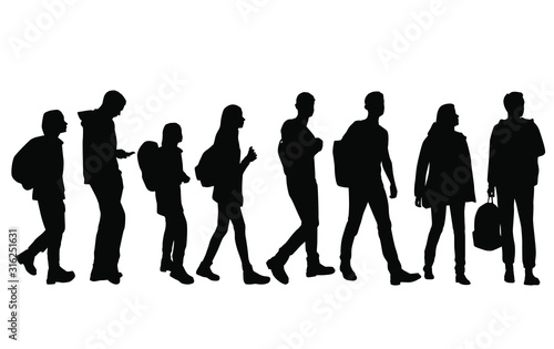 Vector silhouettes of men and a women, a group of standing and walking business people with backpack, black color isolated on white background
