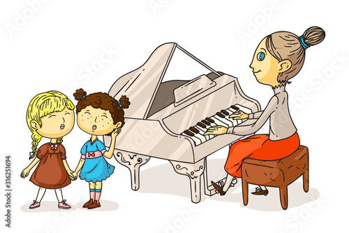 Little girls singing song and teacher plating piano isolated on white. Woman and kids. Cartoon chorus people characters. Music education. Vocal and musician instrument. Vector flat illustration.