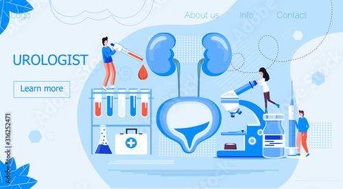 Urologist concept for web, for cystitis, urolithiasis, nephroptosis, renal failure problems. Pyelonephritis, diseases and kidney stones illustrations. Tiny doctors treat kidneys.