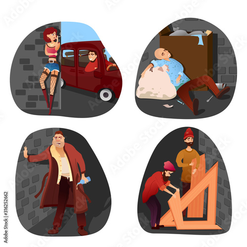 Risk zone and crime area cartoon vector scenes set