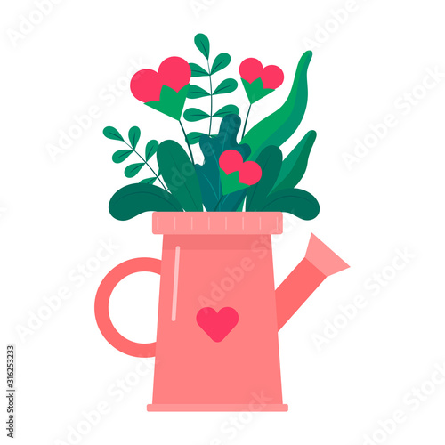 Collection of Colorful Flowers with Hearts in Watering Can Isolated On The White Background. Flat Style. Vector Illustration